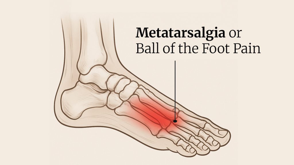 An image of a foot describing Metatarsalgia, or ball-of-the-foot pain. Metatarsalgia is a general term used to describe pain and inflammation in the forefoot.